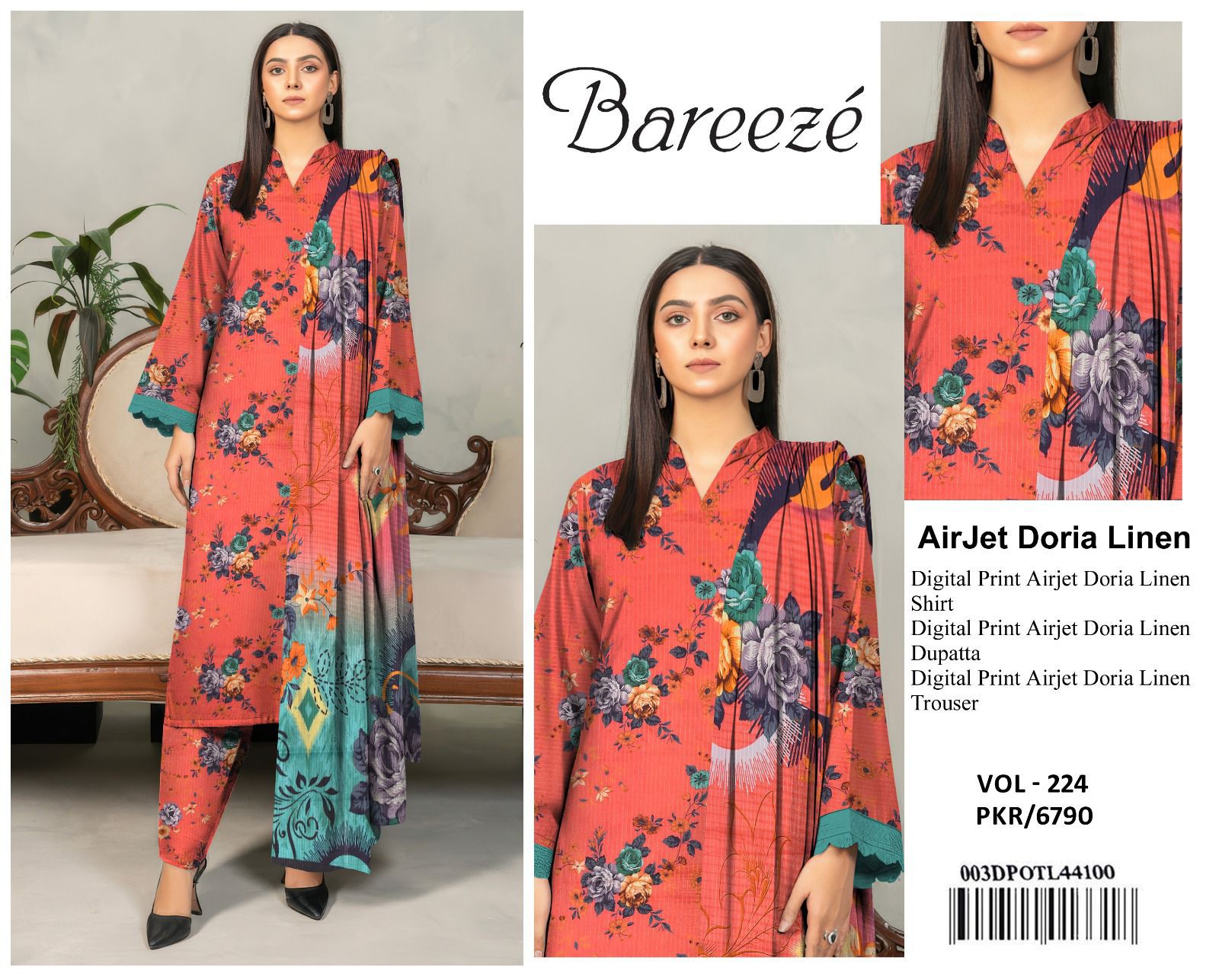 Bareeze Airjet Doria Linen Digital Print 3Pc – Orange Edition (Volume)