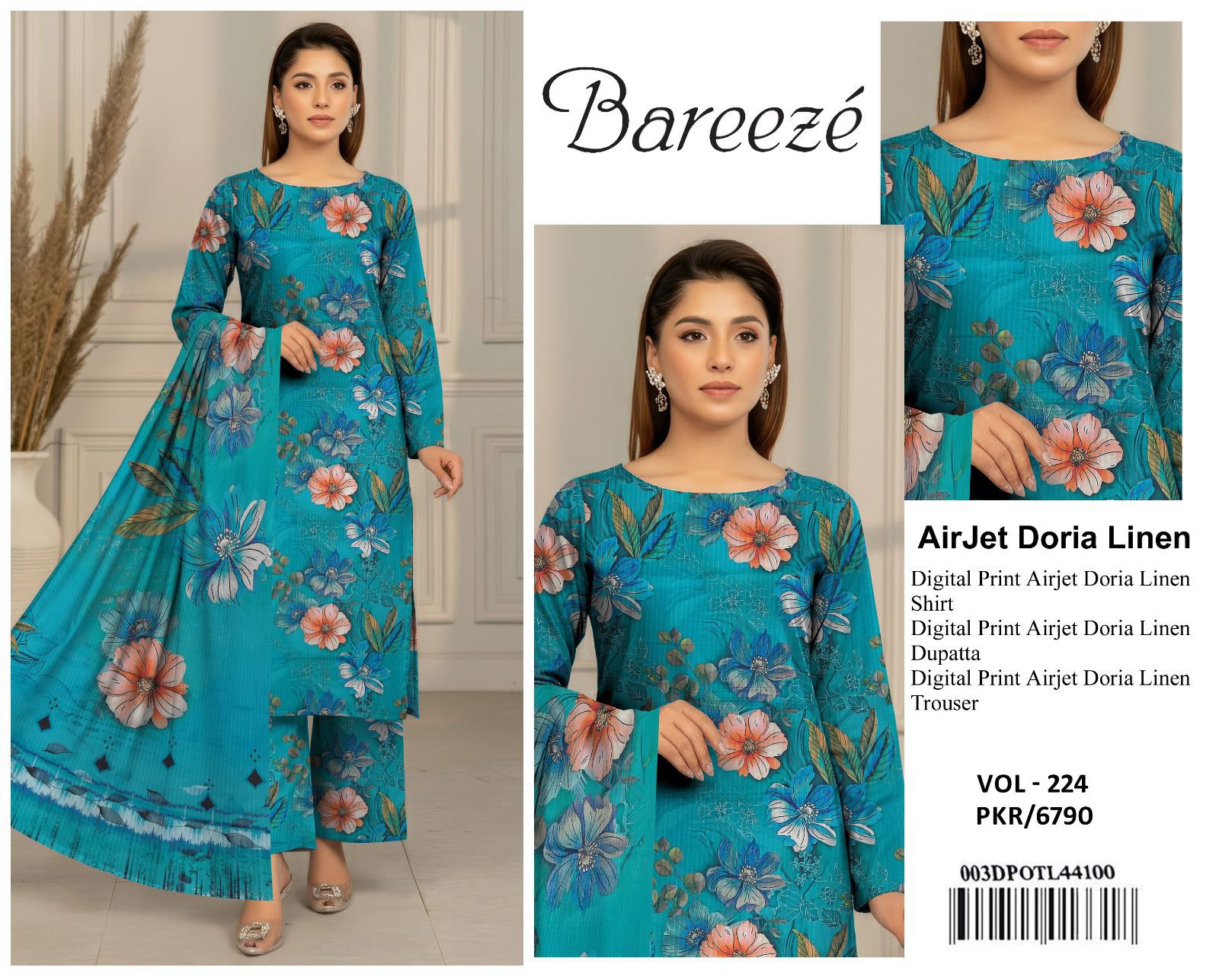 Bareeze Airjet Doria Linen Digital Print 3Pc – Blue Edition (Volume)