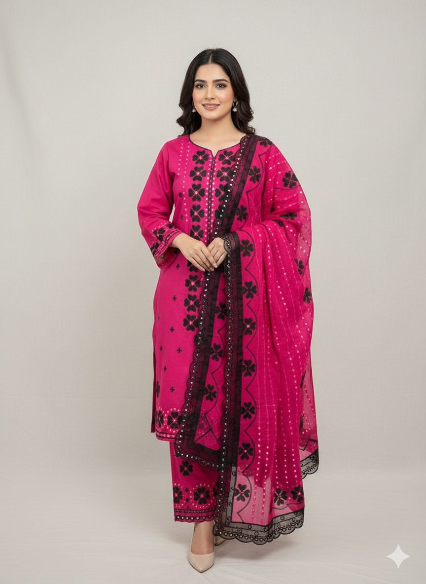 Summer Collection 3PC Cotton Lawn Suit – Heavy Embroidery Front & Trouser with Chiffon Dupatta