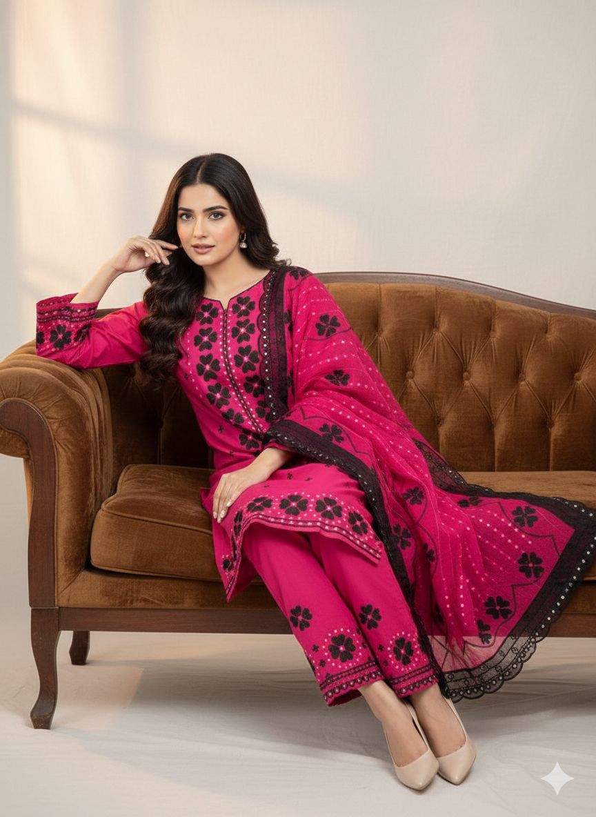 Summer Collection 3PC Cotton Lawn Suit – Heavy Embroidery Front & Trouser with Chiffon Dupatta