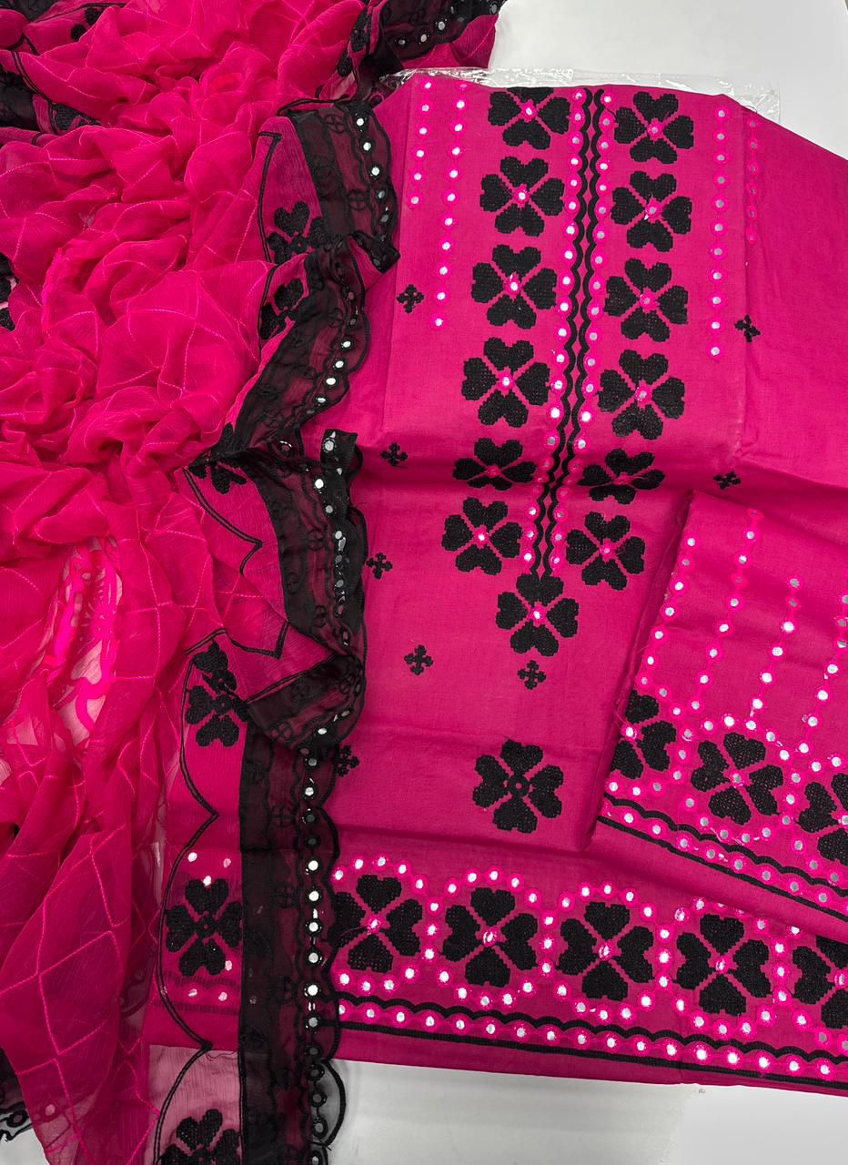 Summer Collection 3PC Cotton Lawn Suit – Heavy Embroidery Front & Trouser with Chiffon Dupatta