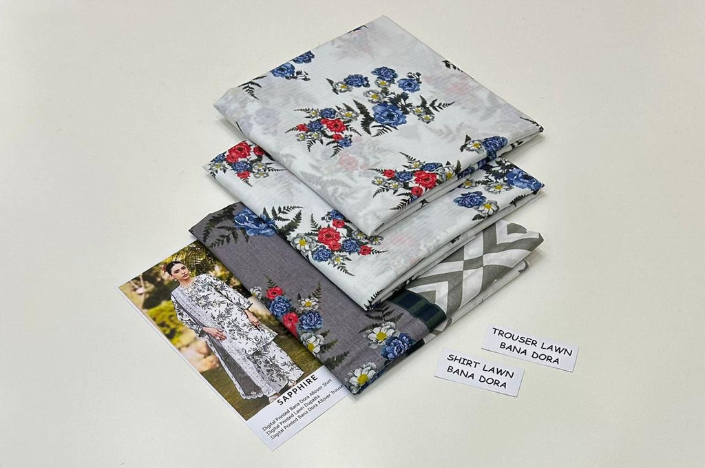 Sapphire 3PC Digital Printed Unstitched Suit – BanaDora Lawn Shirt, Dupatta & Trouser