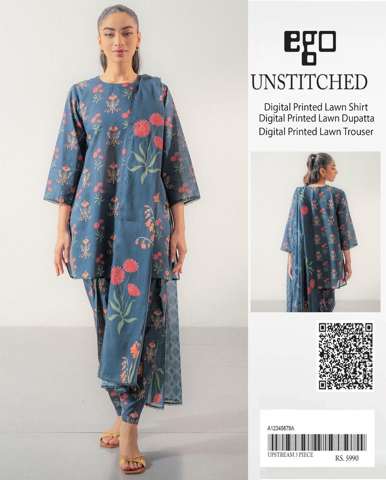 Ego Digital Lawn 3PC Ensemble – Premium Digital Printed Shirt, Dupatta & Trouser