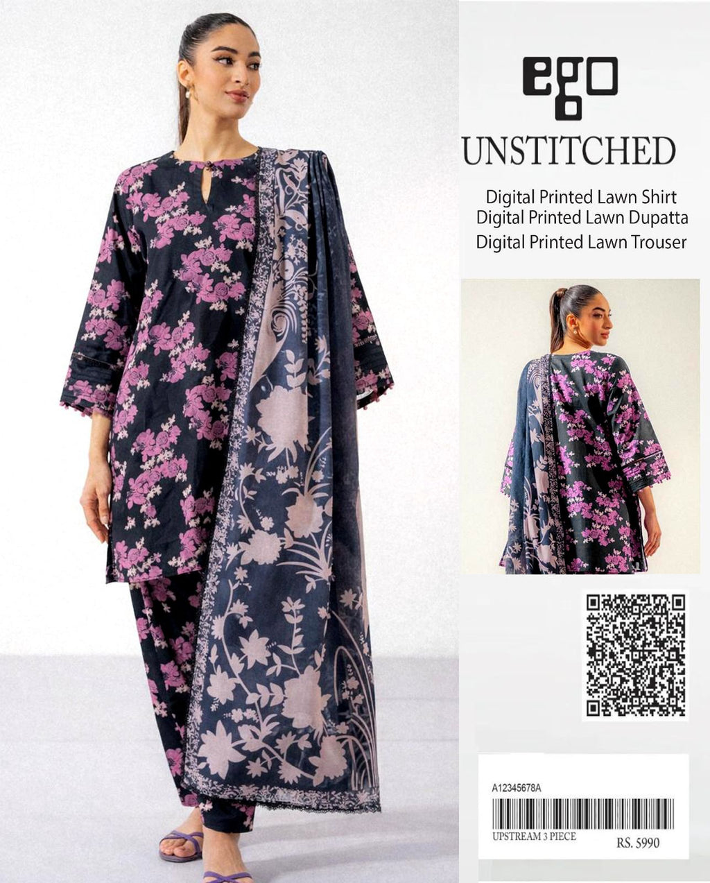 Ego Digital Lawn 3PC Ensemble – Premium Digital Printed Shirt, Dupatta & Trouser