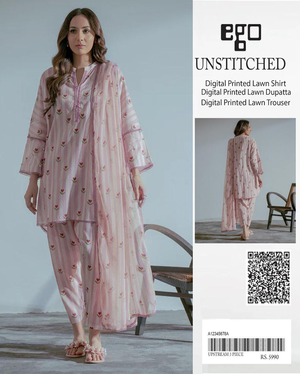 Ego Digital Lawn 3PC Ensemble – Premium Digital Printed Shirt, Dupatta & Trouser