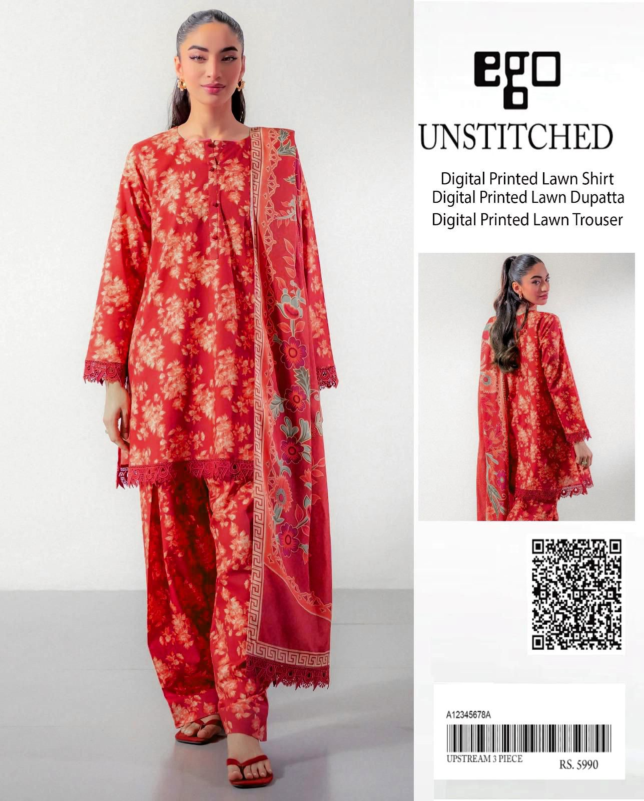 Ego Digital Lawn 3PC Ensemble – Premium Digital Printed Shirt, Dupatta & Trouser