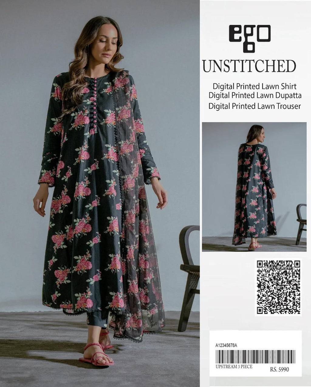 Ego Digital Lawn 3PC Ensemble – Premium Digital Printed Shirt, Dupatta & Trouser