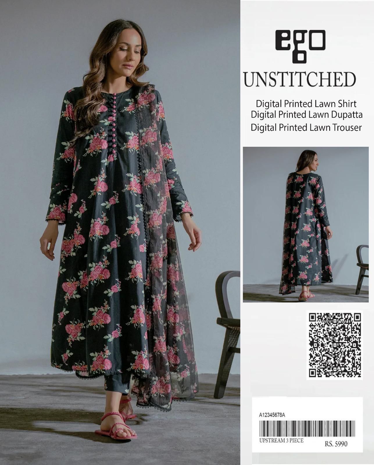 Ego Digital Lawn 3PC Ensemble – Premium Digital Printed Shirt, Dupatta & Trouser