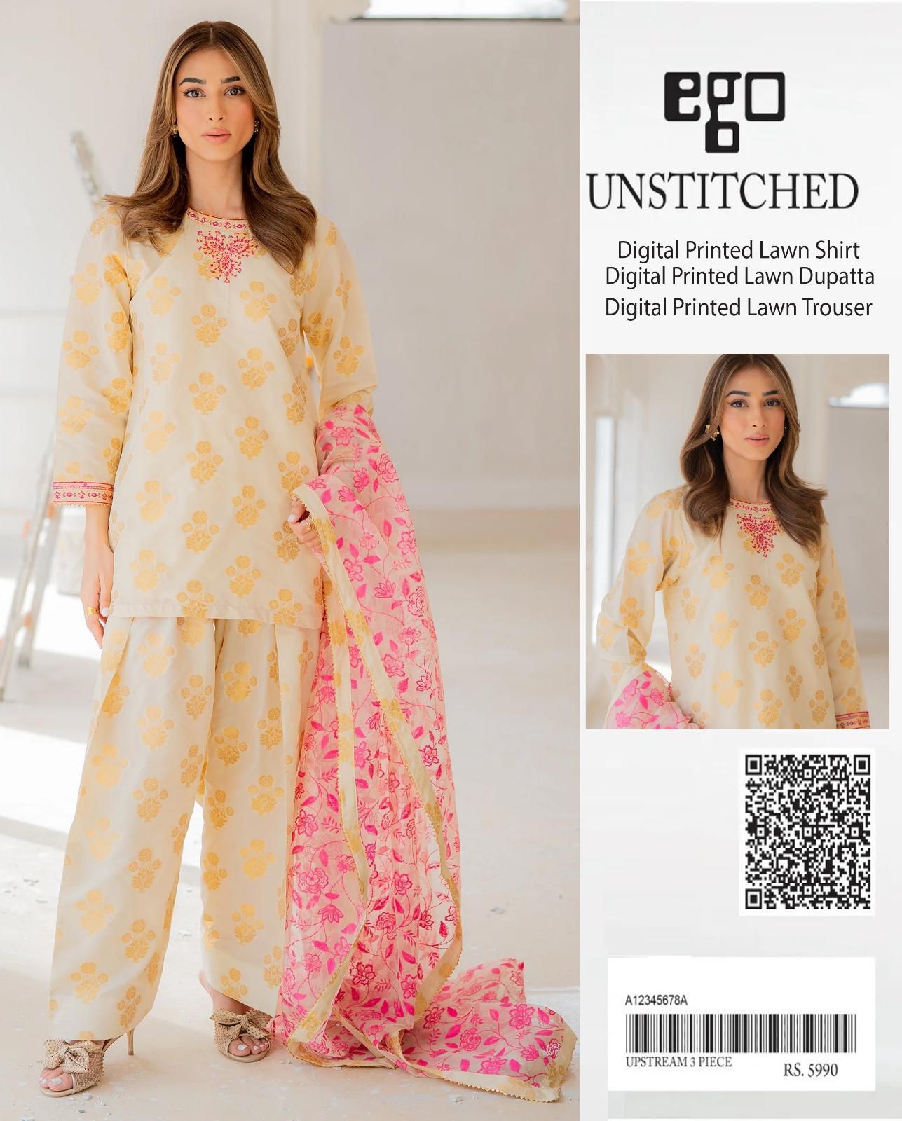 Ego Digital Lawn 3PC Ensemble – Premium Digital Printed Shirt, Dupatta & Trouser