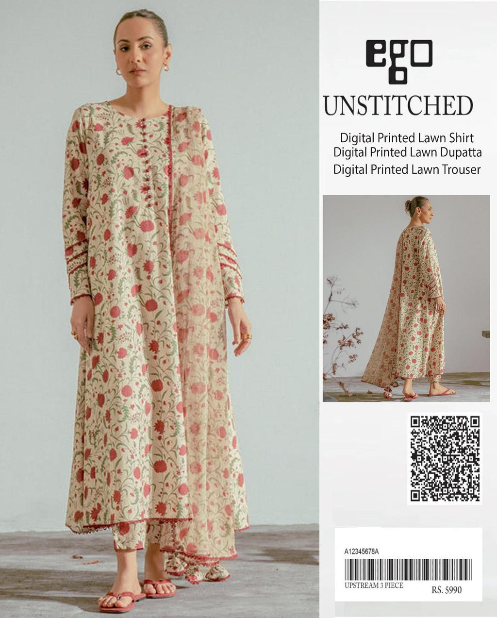 Ego Digital Lawn 3PC Ensemble – Premium Digital Printed Shirt, Dupatta & Trouser