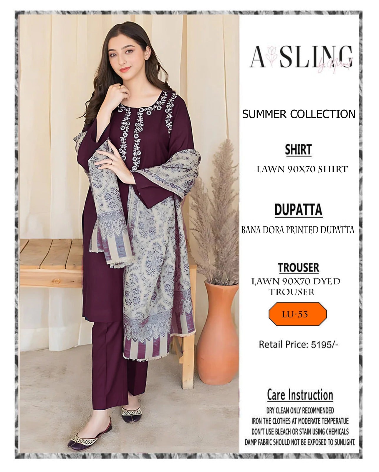ASLING Summer Collection 2026 – 3PC Lawn Suit | Embroidered Front & Sleeves with Printed Dupatta
