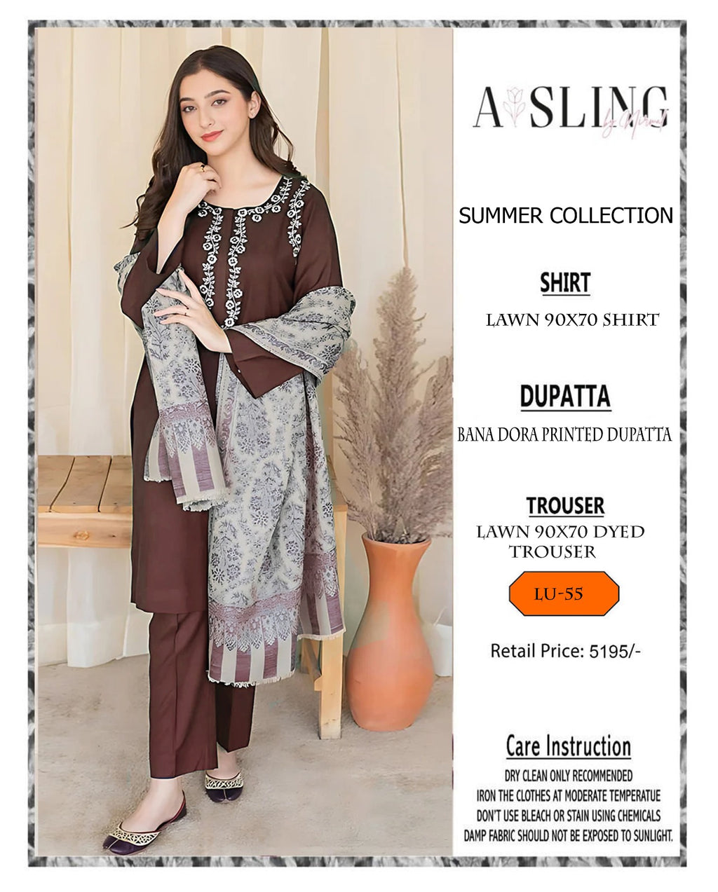 ASLING Summer Collection 2026 – 3PC Lawn Suit | Embroidered Front & Sleeves with Printed Dupatta