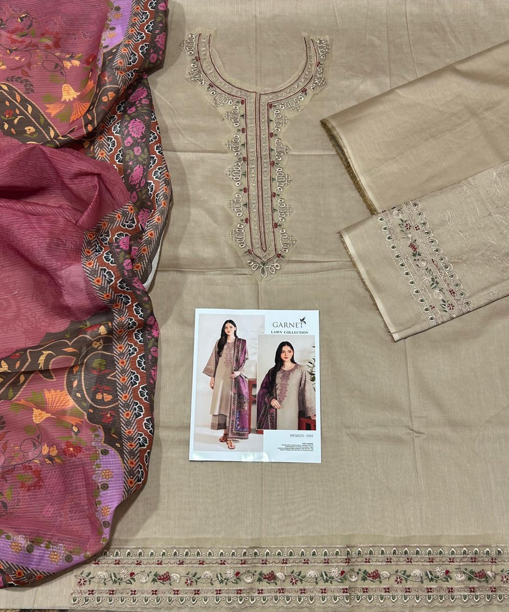 GARNET Summer Hit Code 2026 – 3PC Lawn Suit | Embroidered Neck & Sleeves with Printed Dupatta