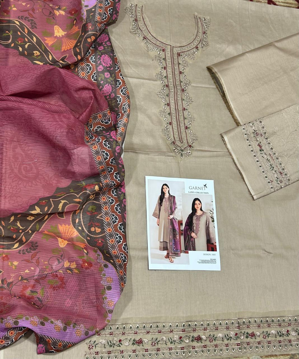 GARNET Summer Hit Code 2026 – 3PC Lawn Suit | Embroidered Neck & Sleeves with Printed Dupatta