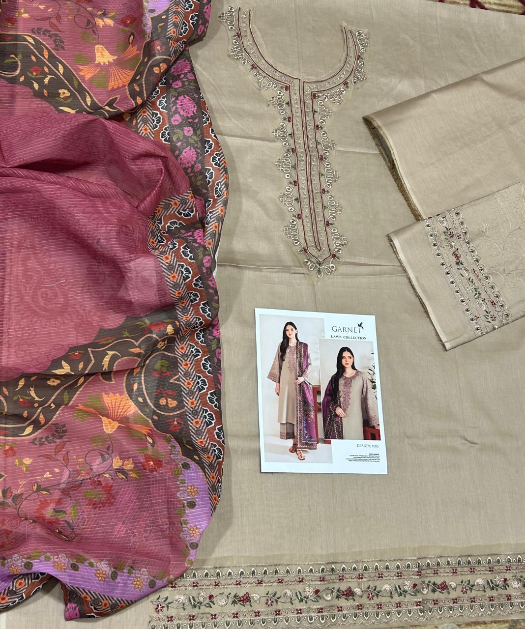 GARNET Summer Hit Code 2026 – 3PC Lawn Suit | Embroidered Neck & Sleeves with Printed Dupatta