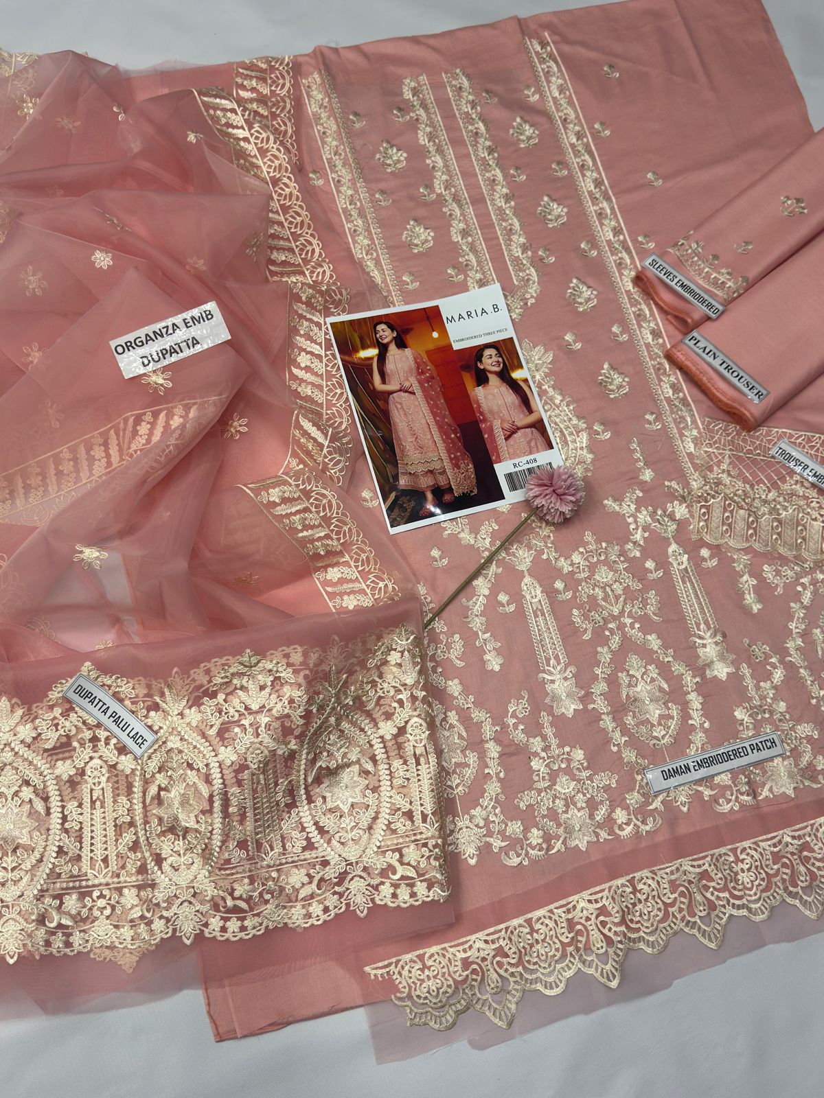 Maria B-408 – 3PC Lawn Embroidered Suit | Front & Sleeves Heavy Embroidery with Organza Dupatta  ✅ Why this works: