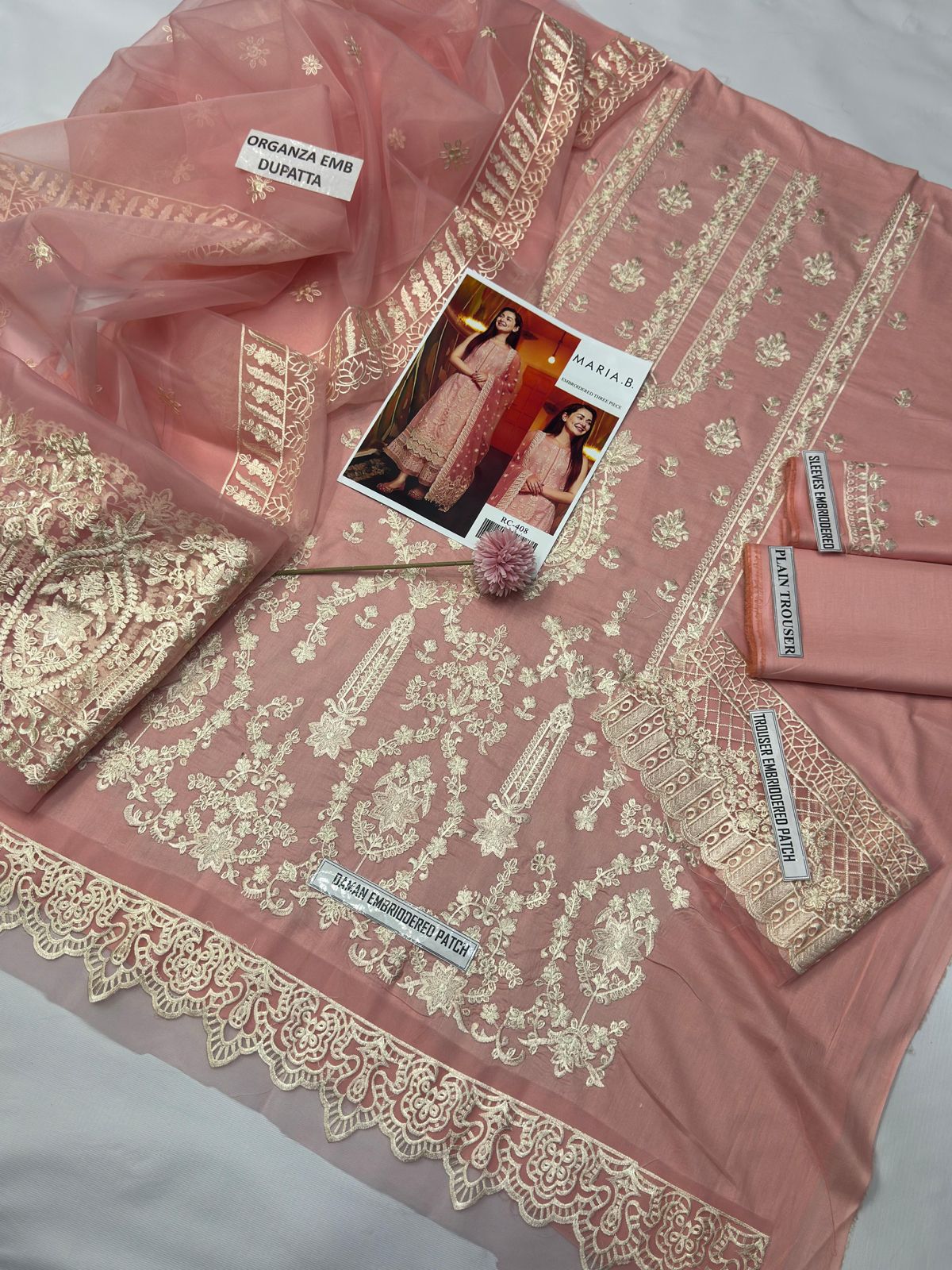 Maria B-408 – 3PC Lawn Embroidered Suit | Front & Sleeves Heavy Embroidery with Organza Dupatta  ✅ Why this works: