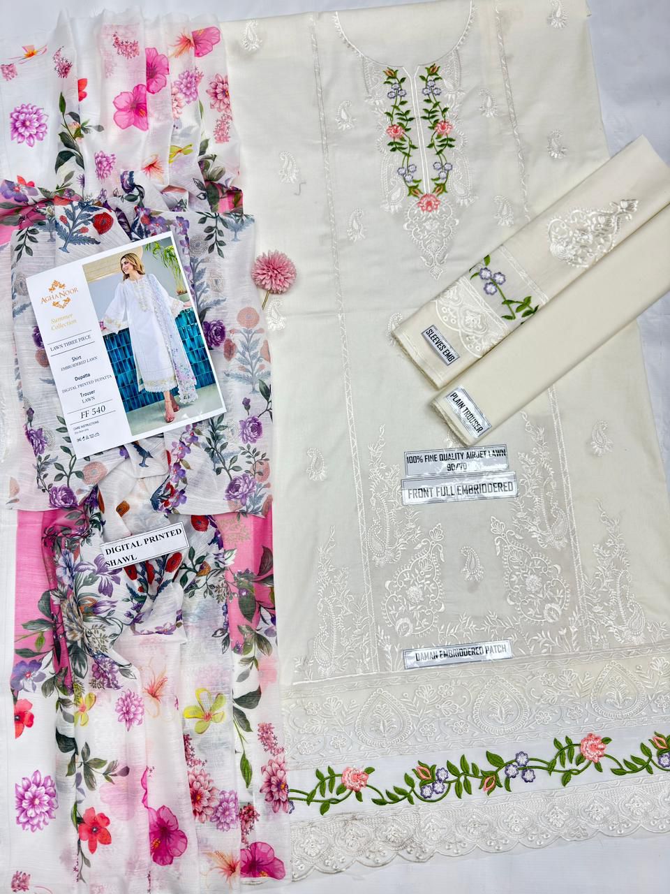 AGHA NOOR 540 – Pure Airjet Lawn 3PC Heavy Embroidered Suit (Summer Collection)