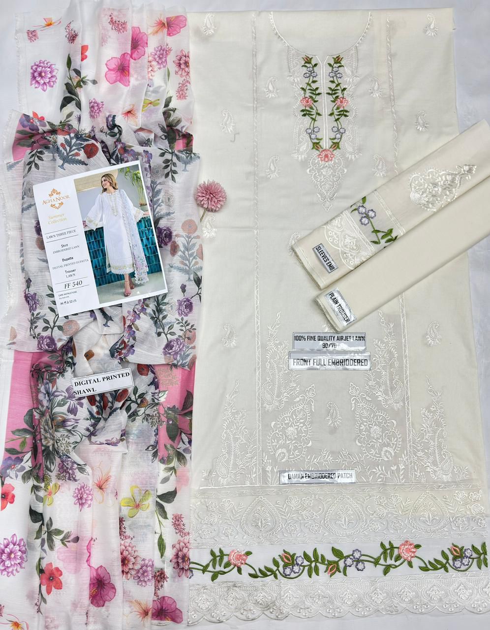 AGHA NOOR 540 – Pure Airjet Lawn 3PC Heavy Embroidered Suit (Summer Collection)